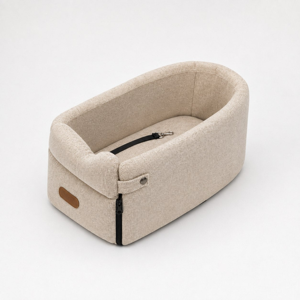 Beige autostoeltje voor kleine honden met rits en ingebouwd bandje