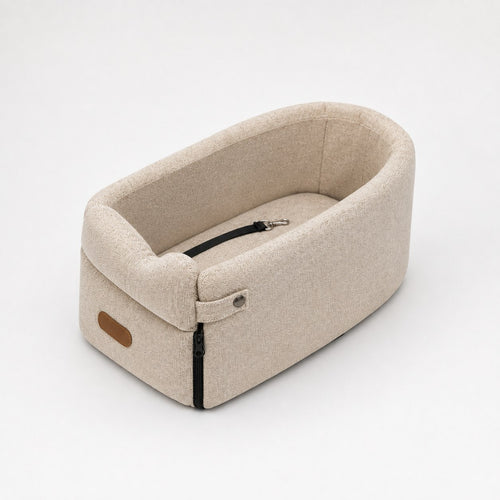Beige autostoeltje voor kleine honden met rits en ingebouwd bandje