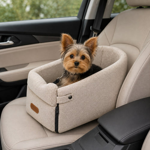 Yorkshire terrier zit in het beige autostoeltje op de passagiersstoel