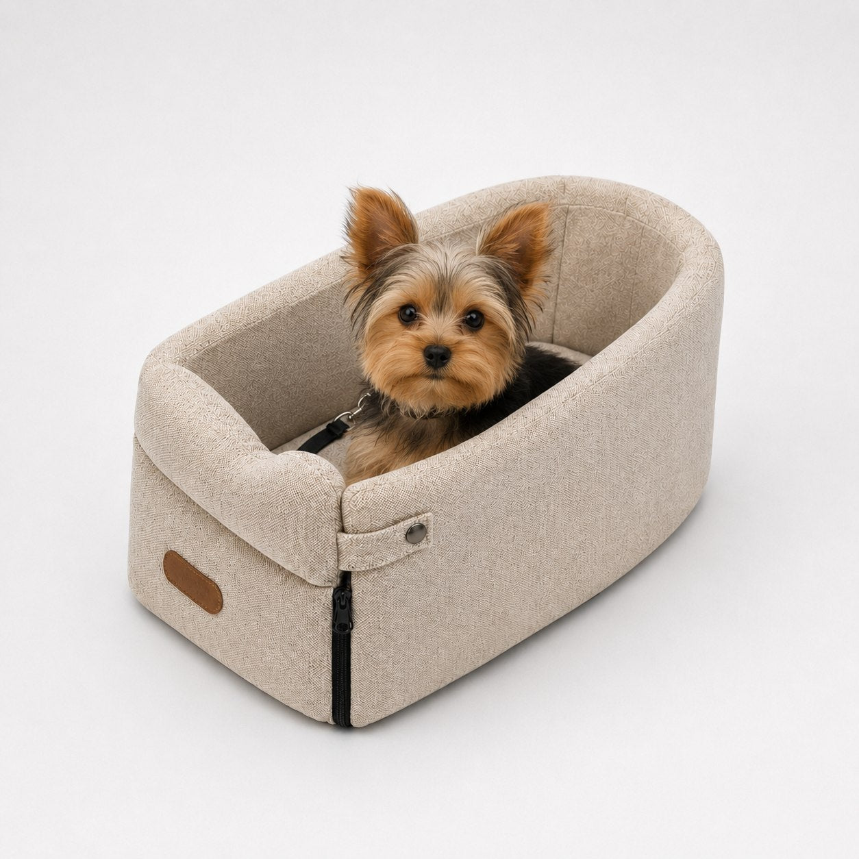 Kleine hond in het autostoeltje met het bandje aan zijn tuigje geklikt