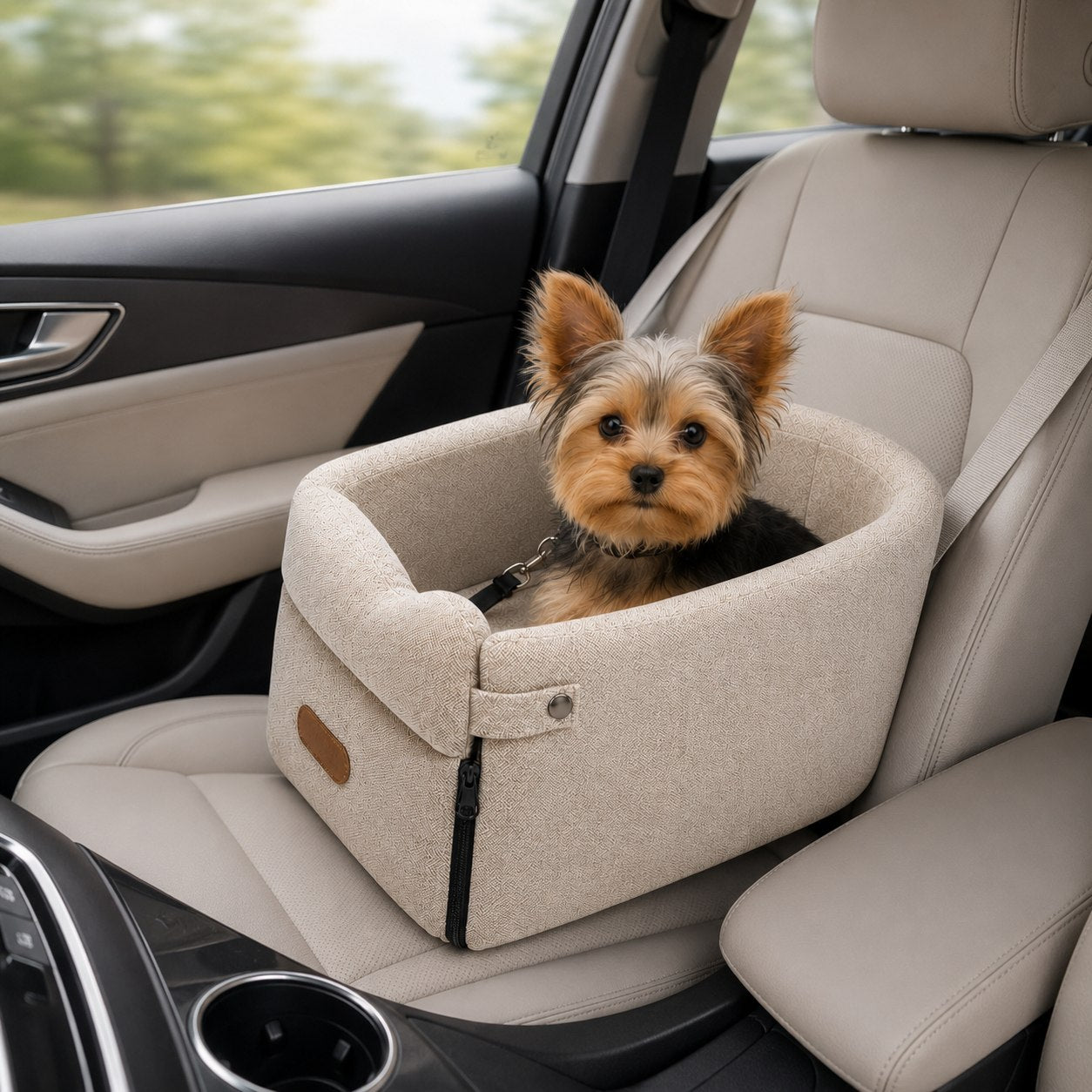 Het autostoeltje op de voorstoel naast de middenconsole met hond erin
