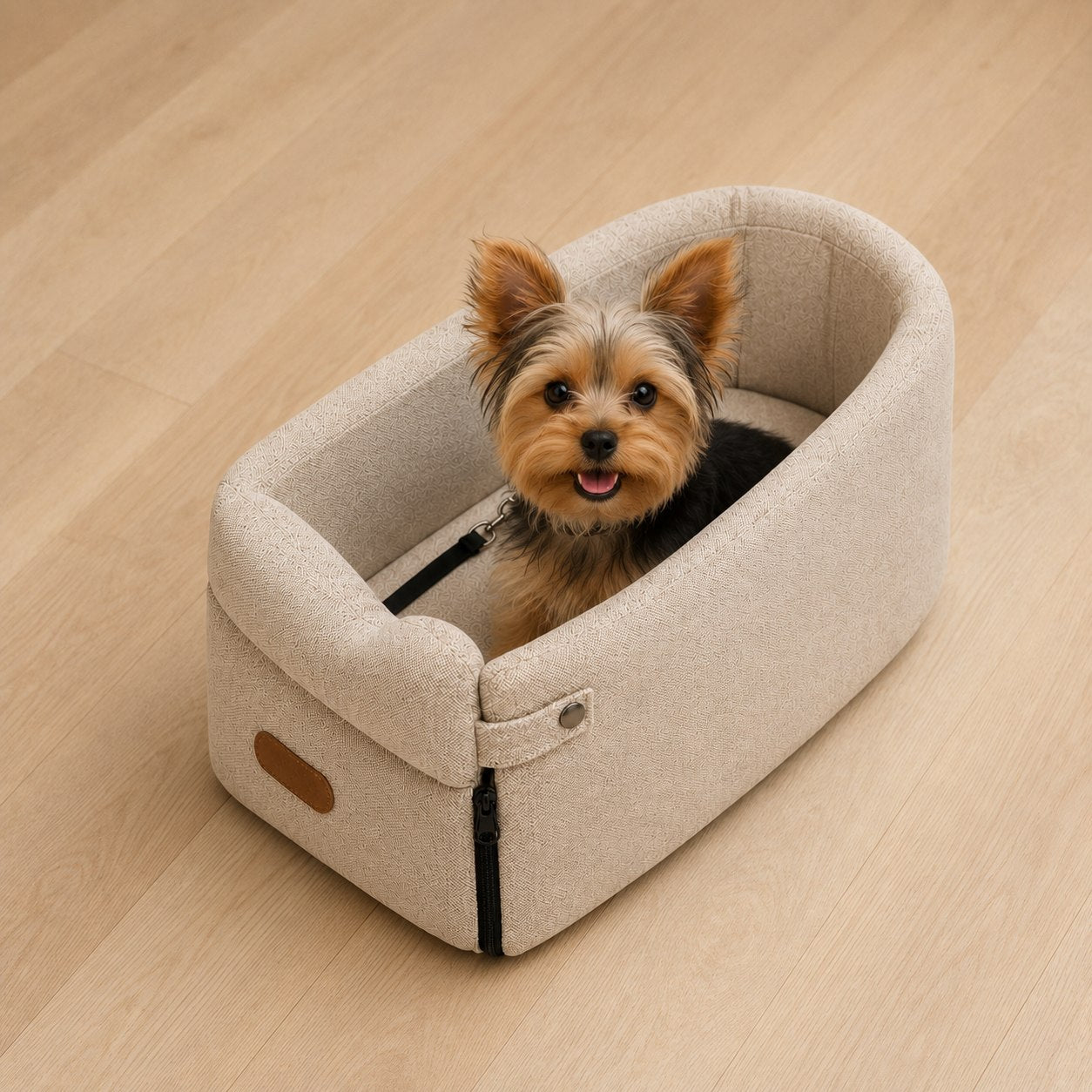 Het autostoeltje gebruikt als mandje binnenshuis met een kleine hond erin