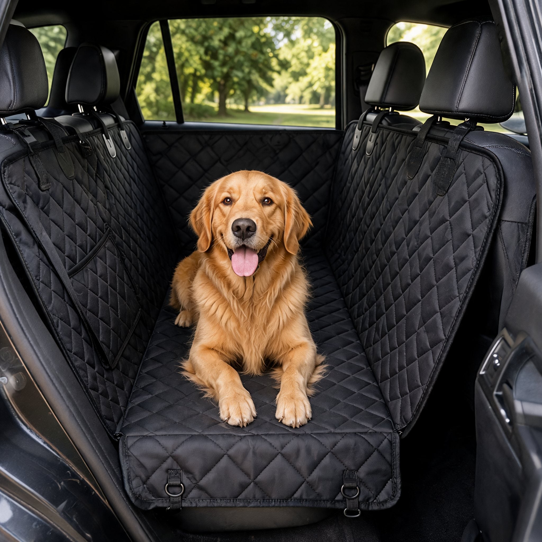 Golden retriever ligt op de zwarte autohoes op de achterbank