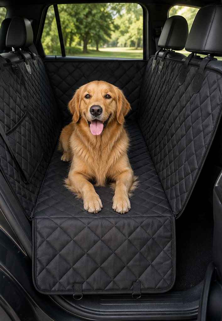 Dezelfde achterbank met de hoes erop en een hond erbovenop