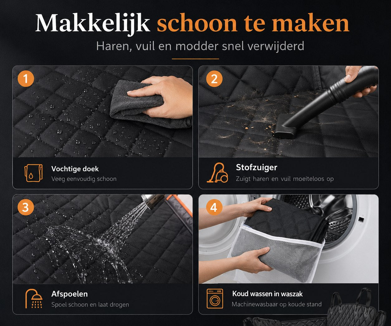 Vier manieren om de hoes schoon te maken: vochtige doek, stofzuiger, afspoelen en koud wassen in een waszak