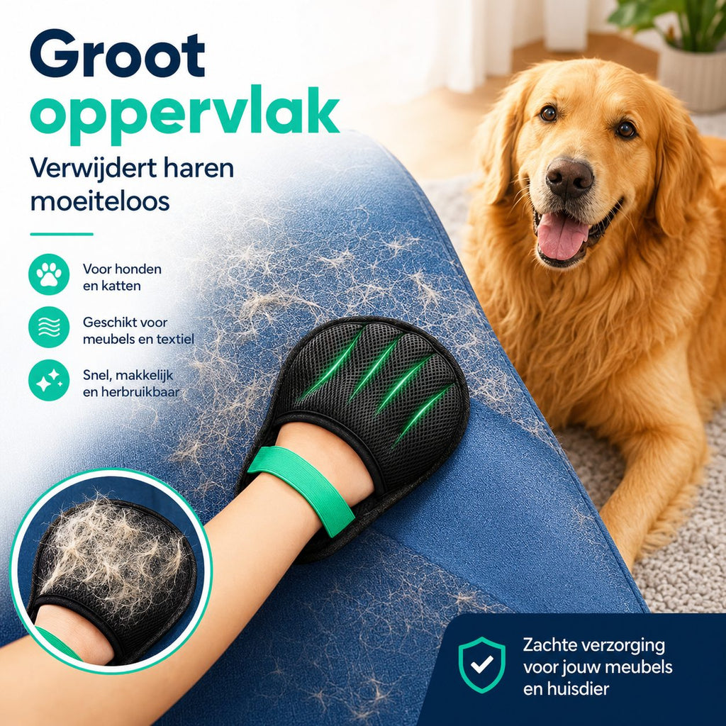 Zwarte harenverwijderaar met groene rubberen ribbels op autobekleding met hondenharen