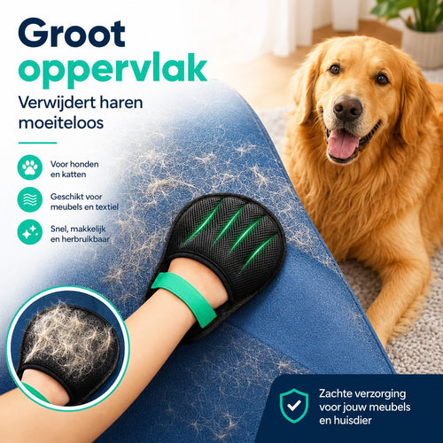 Zwarte harenverwijderaar met groene rubberen ribbels op autobekleding met hondenharen