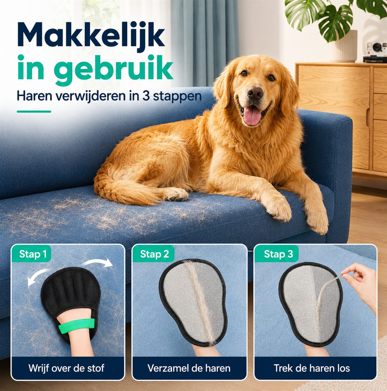 Haren verwijderen in drie stappen met de harenverwijderaar op een bank