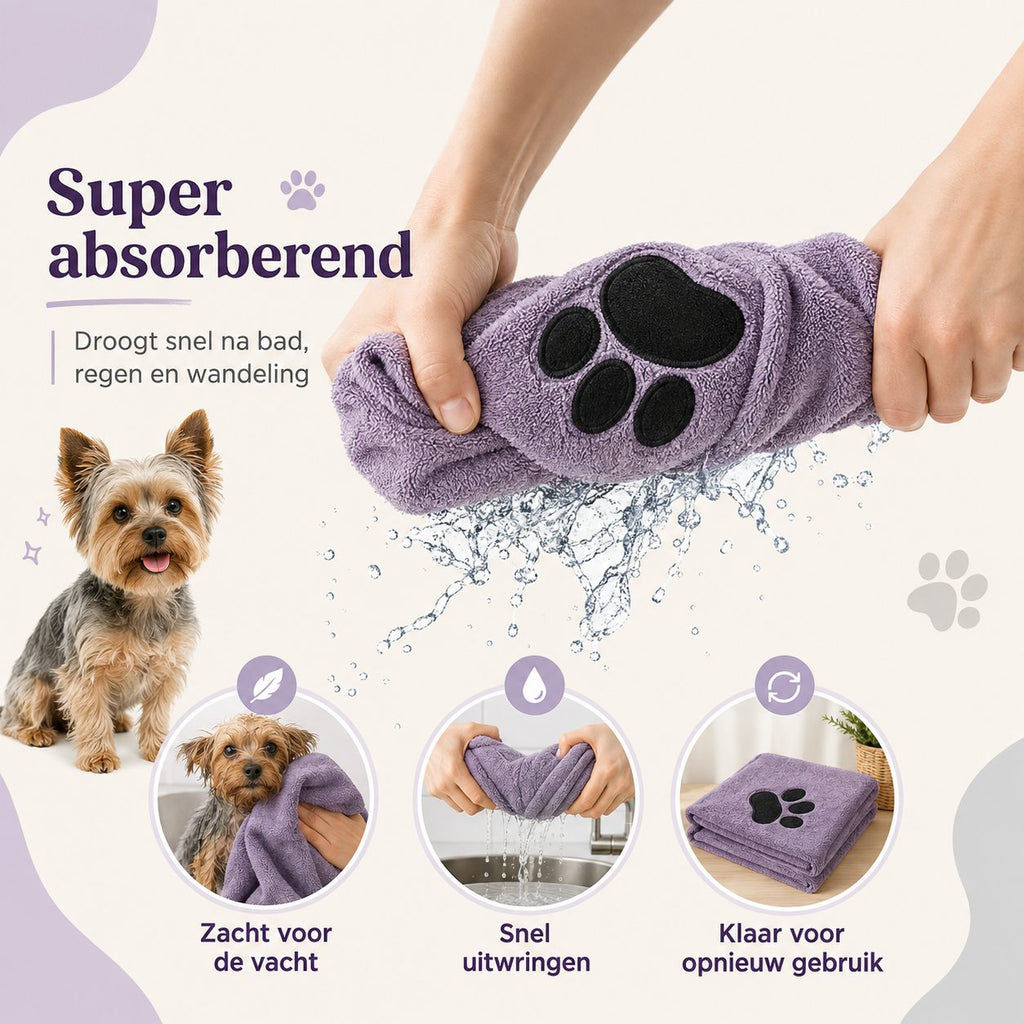 Paarse microvezel hondenhanddoek wordt uitgewrongen boven water