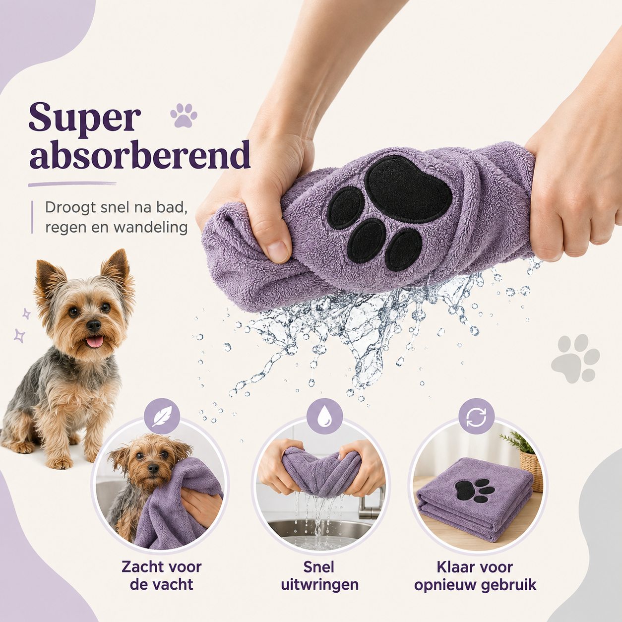 Paarse microvezel hondenhanddoek wordt uitgewrongen boven water