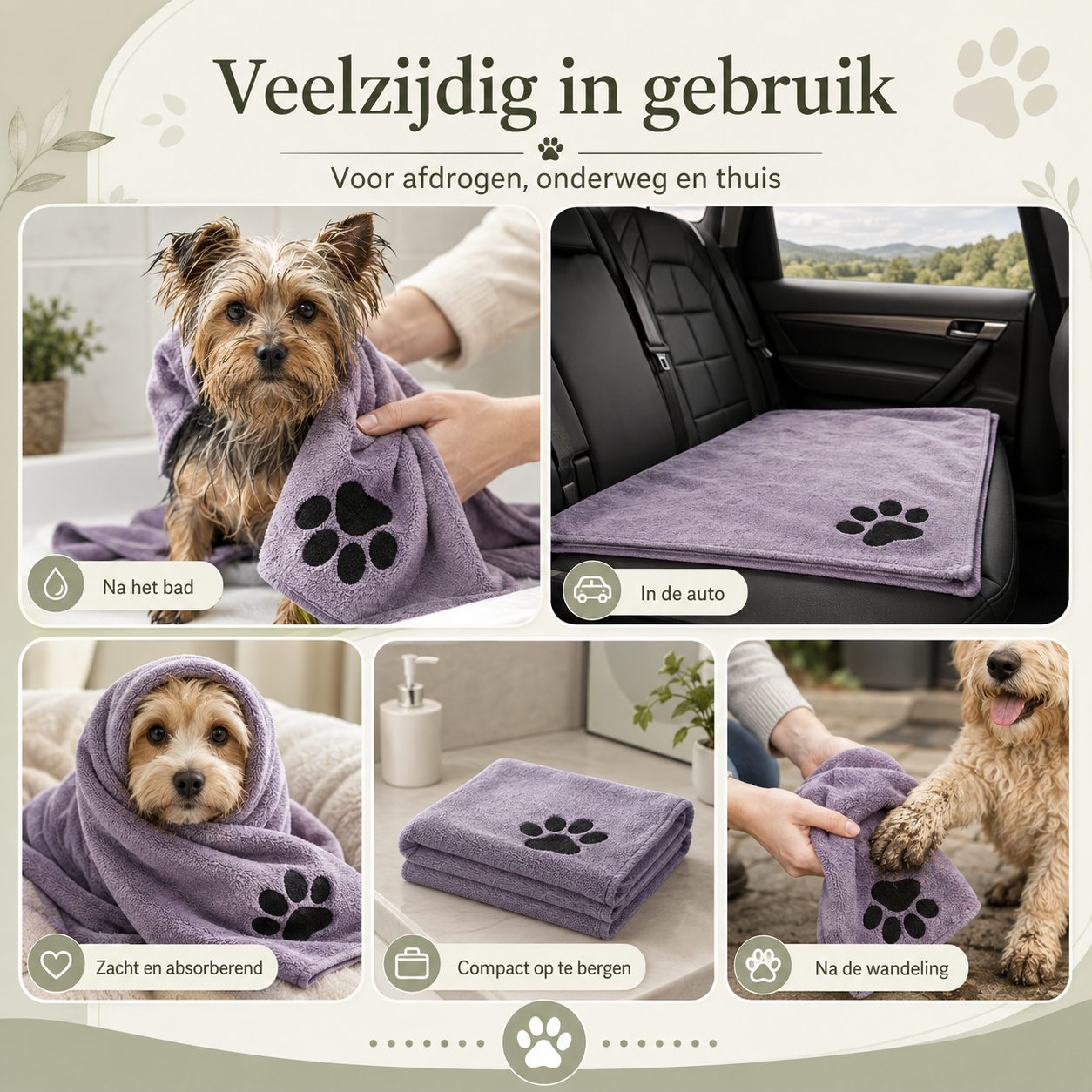 Paarse hondenhanddoek in gebruik na het bad, in de auto en na de wandeling