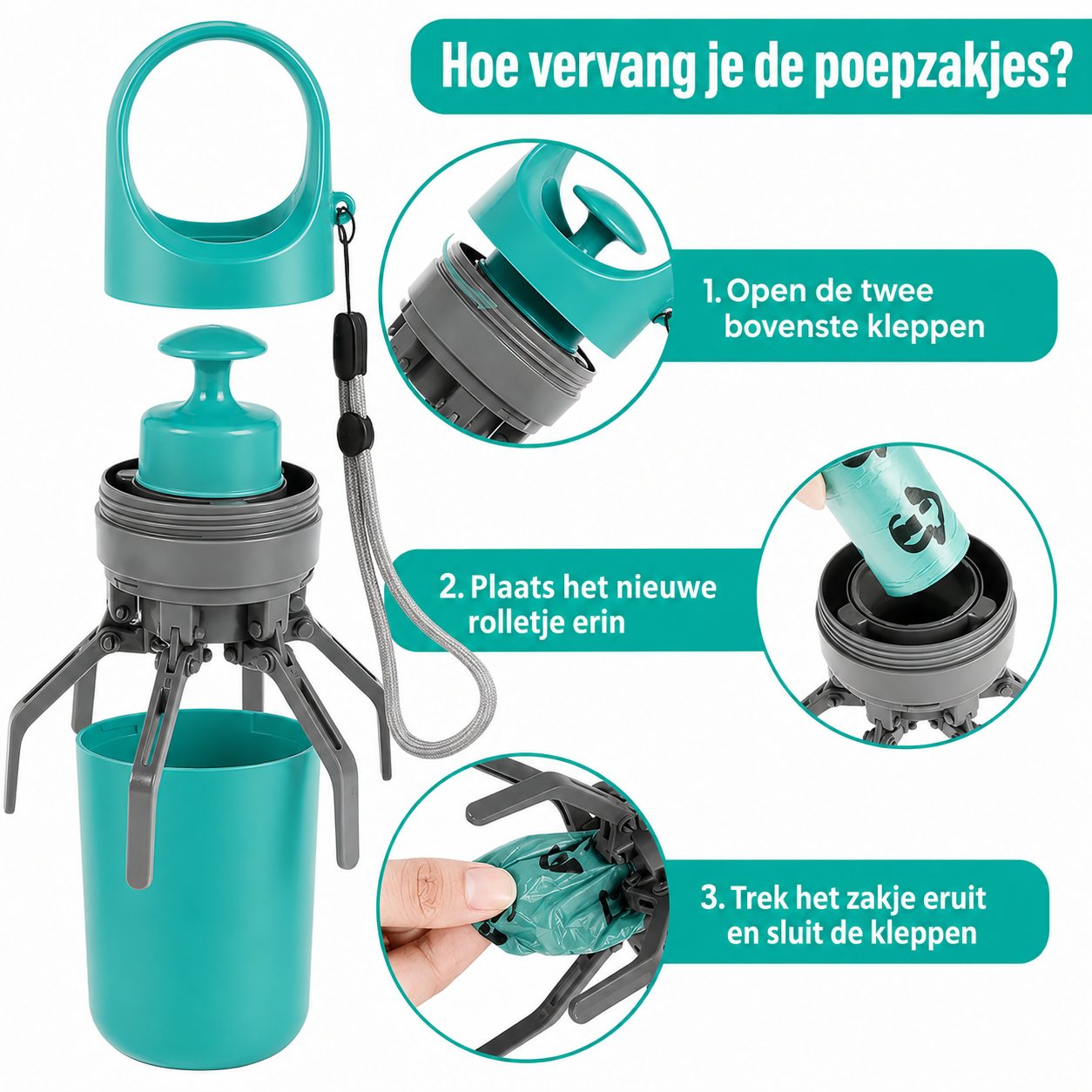Blauwe poepgrijper met zakjeshouder en uitleg hoe je de poepzakjes vervangt
